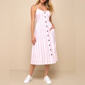 Lulus Mood Pink Striped Linen Midi Dress with Pockets And Buttons